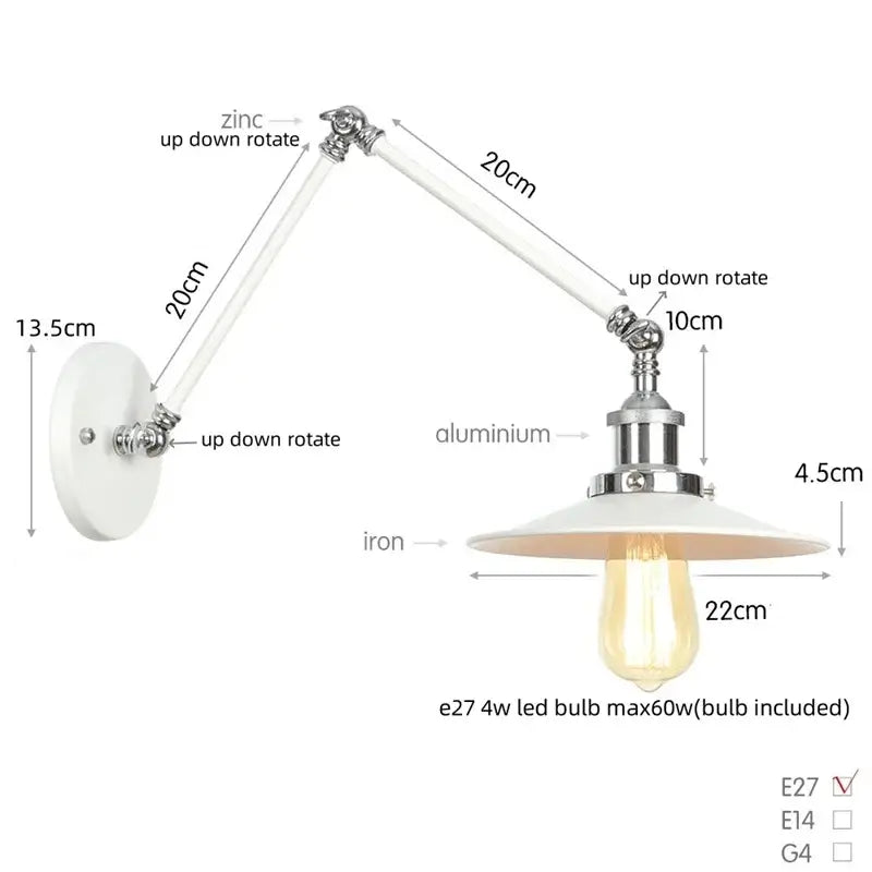 Industrial lens vintage wall lamp with white base, adjustable zinc aluminum arms, and iron shade for decorbites industrial lens