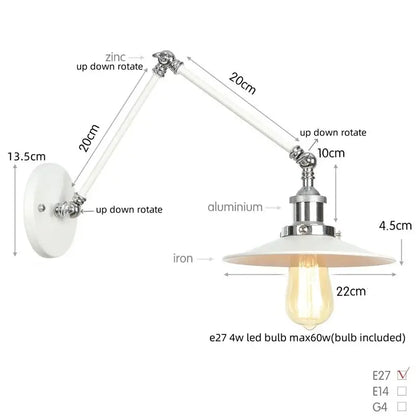 Industrial lens vintage wall lamp with white base, adjustable zinc aluminum arms, and iron shade for decorbites industrial lens