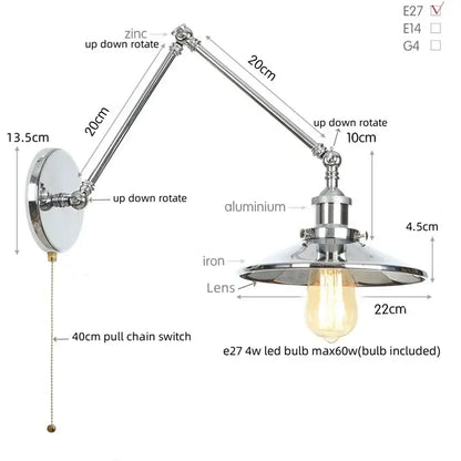 Industrial lens vintage adjustable chrome wall lamp with articulated arms and edison bulb for bedroom decorbites industrial lens
