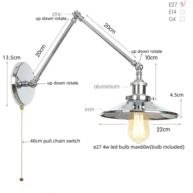 Chrome finished adjustable wall lamp with articulated arms and vintage edison bulb from decorbites industrial lens vintage collection