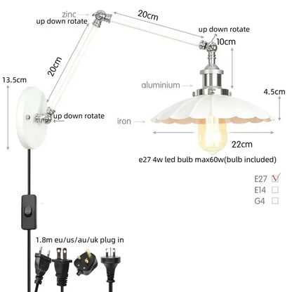 Adjustable wall lamp with white scalloped glass shade and chrome metal arms, decorbites industrial lens vintage design