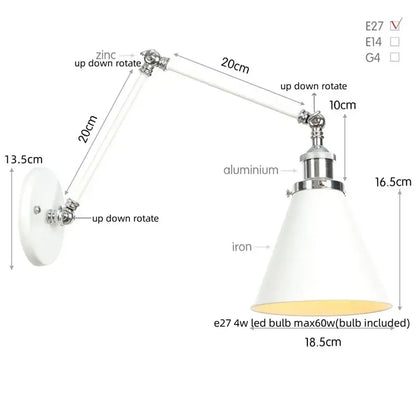 White conical lampshade wall lamp with chrome metal arm and mount decorbites industrial lens vintage adjustable lighting