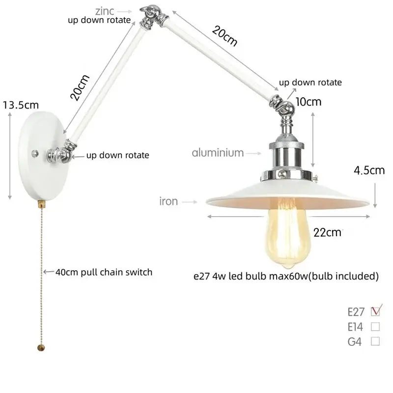 White adjustable wall lamp with zinc and aluminum arms iron base featuring decorbites industrial lens vintage design