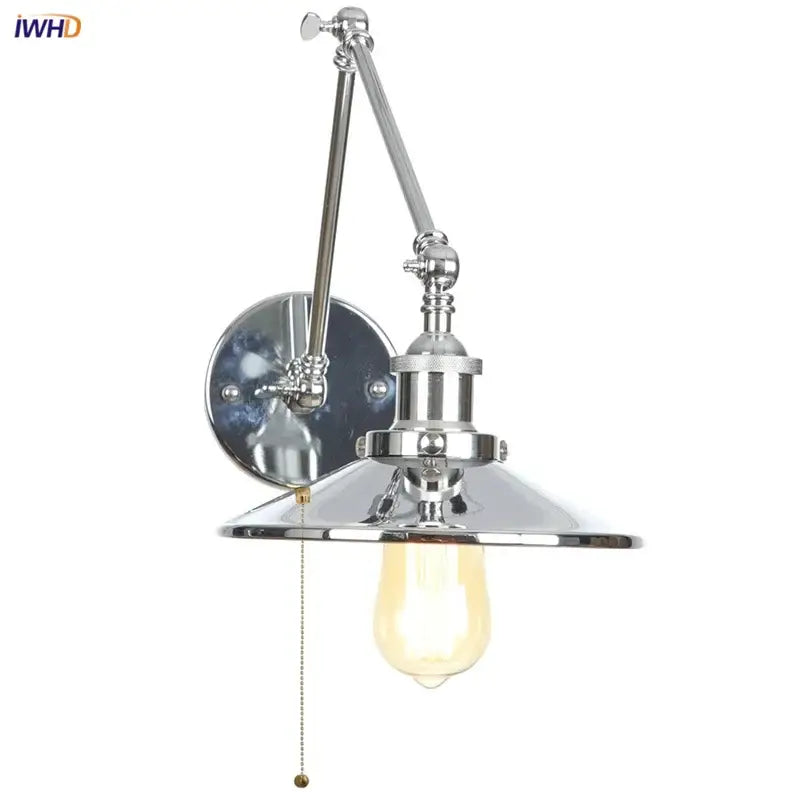 Chrome-finished adjustable swing arm wall lamp with vintage edison bulb and pull-chain switch decorbites industrial lens vintage