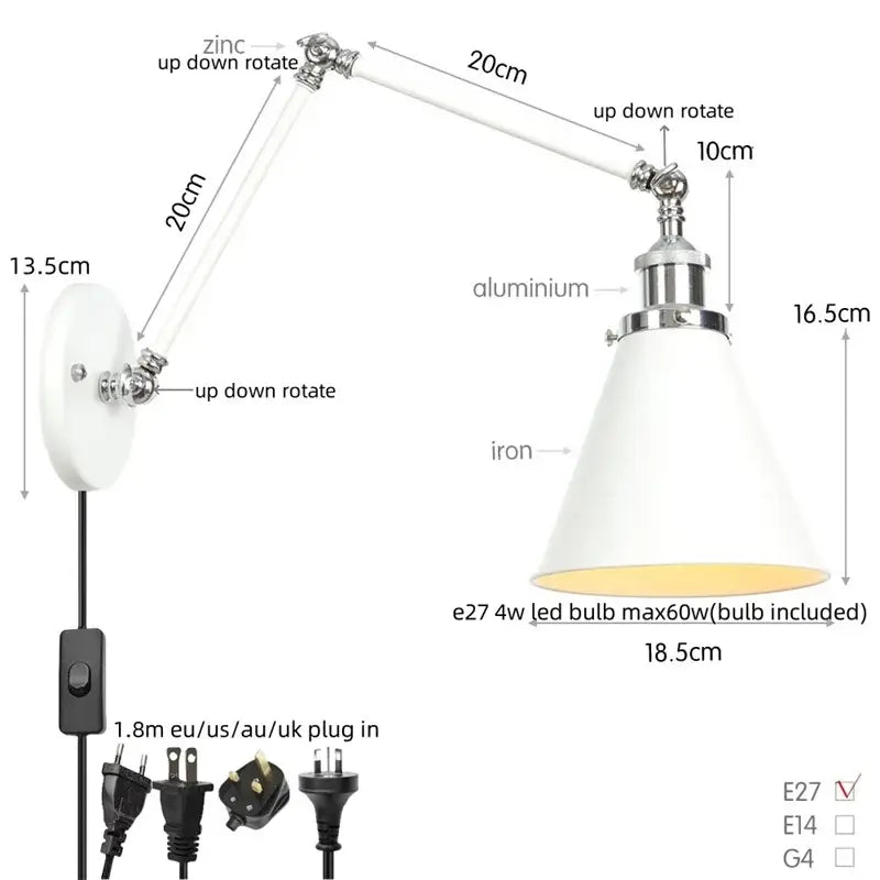 White conical lampshade wall lamp with chrome metal arm and base on adjustable bracket decorbites industrial lens vintage sconce