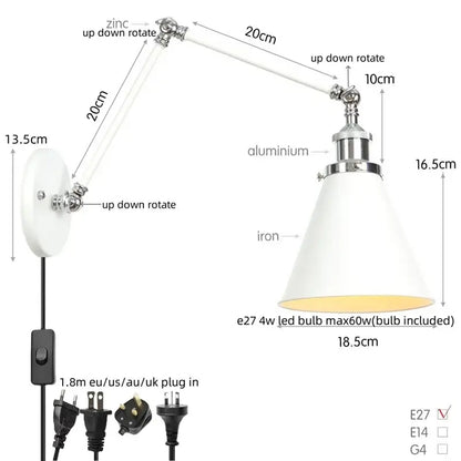 White conical lampshade wall lamp with chrome metal arm and base on adjustable bracket decorbites industrial lens vintage sconce