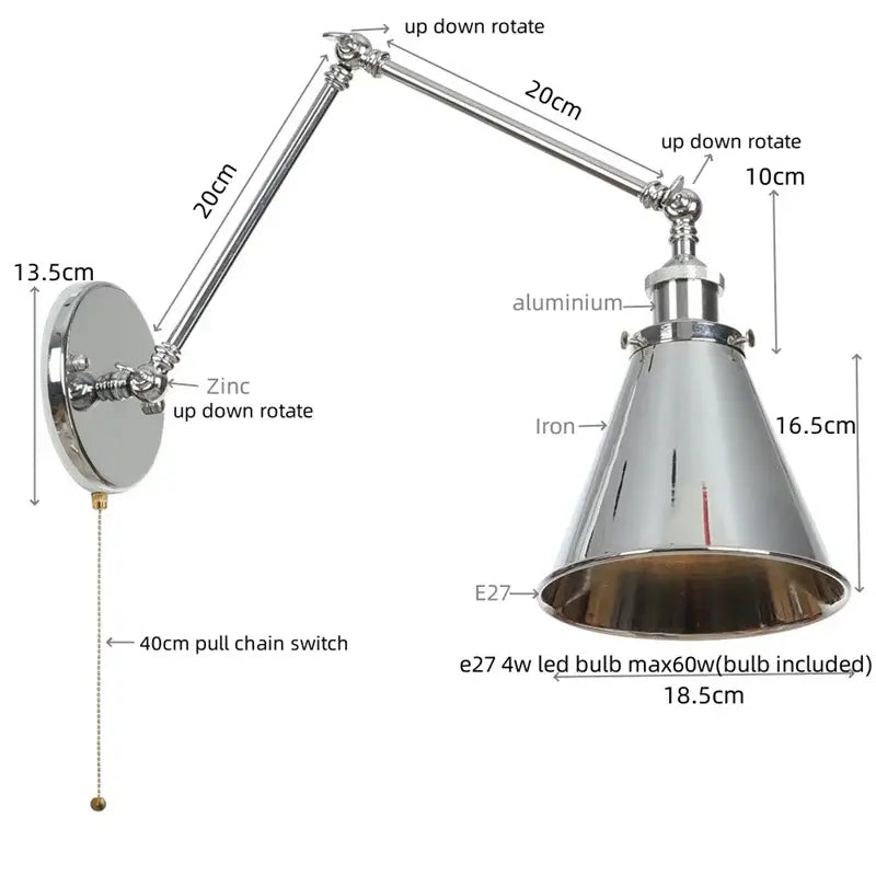 Industrial lens vintage chrome wall lamp with adjustable articulated arms and conical shade for bedroom decorbites industrial lens