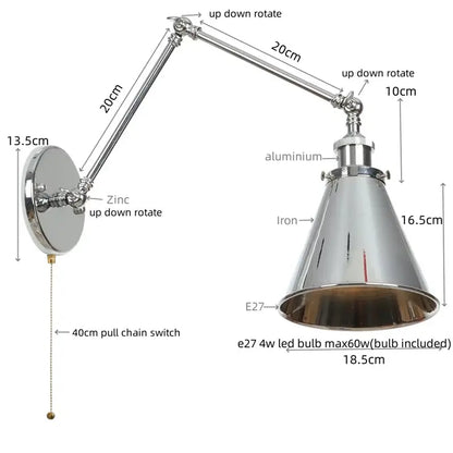 Industrial lens vintage chrome wall lamp with adjustable articulated arms and conical shade for bedroom decorbites industrial lens