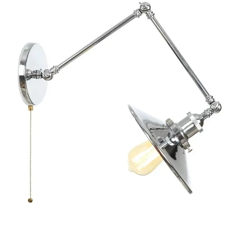 Chrome finished industrial lens vintage wall lamp with adjustable swing arm and decorative chain pull by decorbites industrial lens