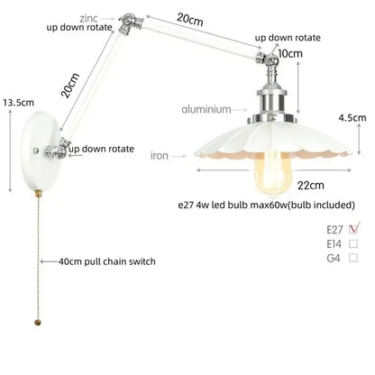 White vintage-style adjustable wall lamp with chrome metal arm and iron base decorbites industrial lens vintage design