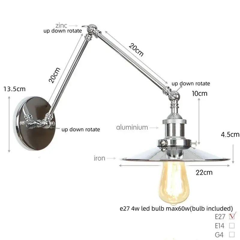 Adjustable industrial lens vintage chrome wall lamp with zinc aluminum arm and iron base plate featuring edison bulb