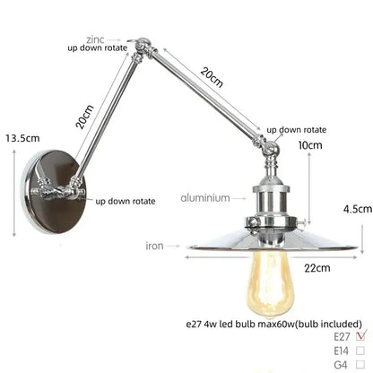 Adjustable industrial lens vintage chrome wall lamp with zinc aluminum arm and iron base plate featuring edison bulb
