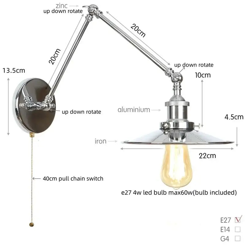 Adjustable industrial lens vintage chrome wall lamp with zinc aluminum arm iron base for bedroom decorbites industrial lens sconce