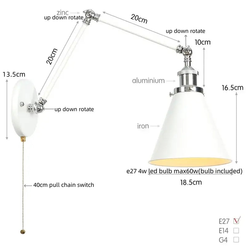 White conical lampshade wall lamp with polished chrome finish on adjustable zinc and aluminum arm decorbites industrial lens vintage