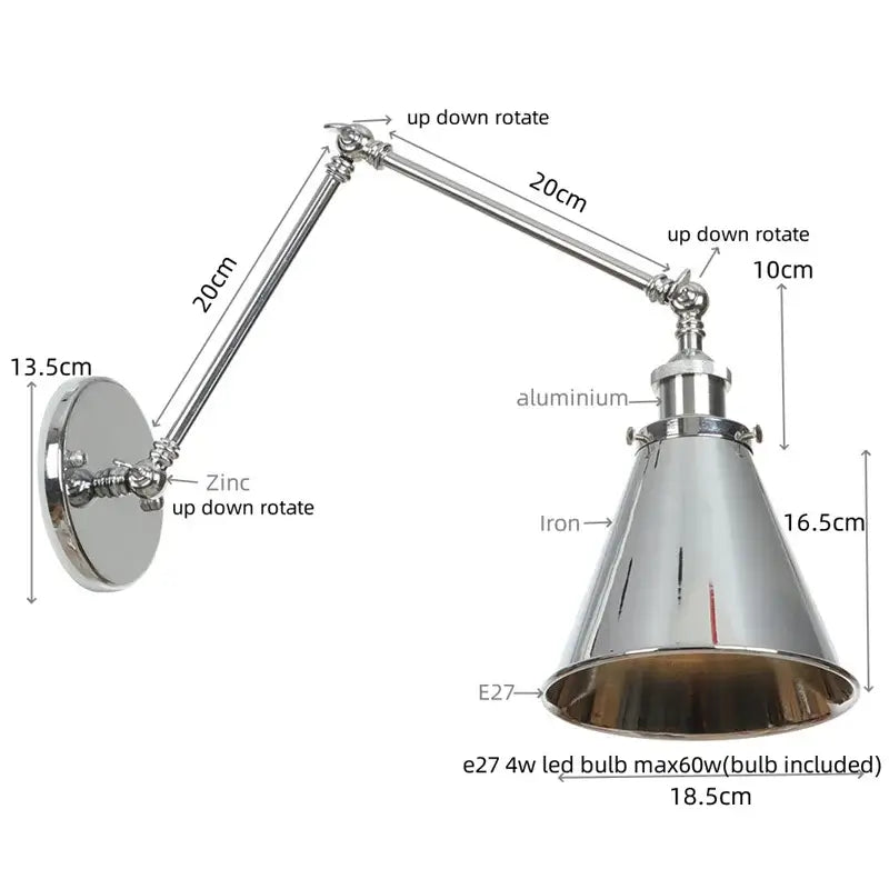 Adjustable chrome-finished industrial lens vintage wall lamp with articulated arms and conical iron shade for decorbites industrial lens decor