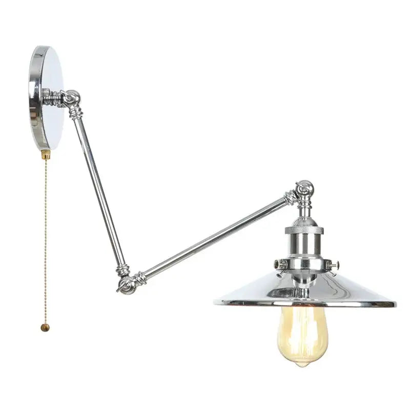 Industrial lens vintage chrome wall lamp with adjustable swing arm, chrome finish, vintage edison bulb, and decorative metal arms