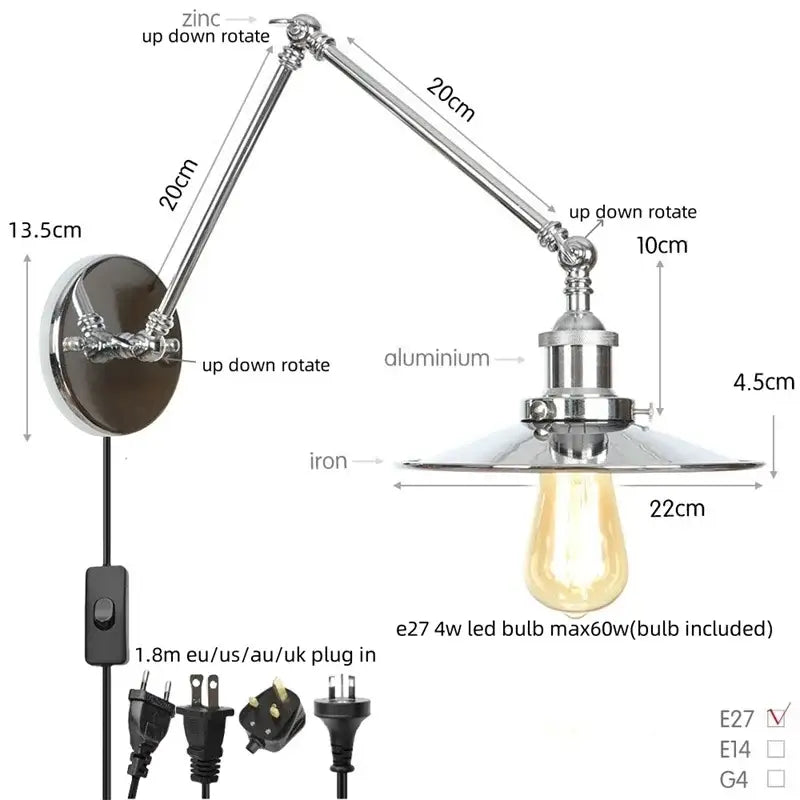 Adjustable industrial lens vintage chrome wall lamp with zinc aluminum arm and iron base plate for bedroom decorbites industrial lens sconce