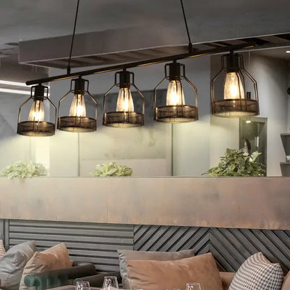 Industrial loft chandelier black metal pendant light with mesh cage and exposed filament bulbs for dining room decorbites industrial