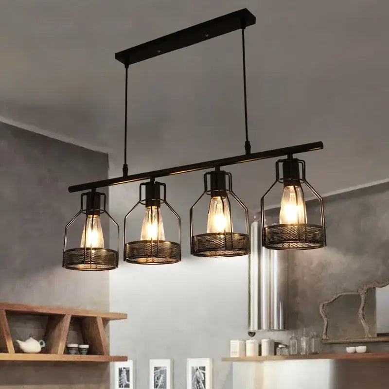 Industrial loft chandelier black metal pendant light with four exposed edison bulbs in mesh cages by decorbites industrial