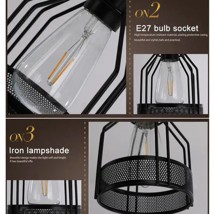 Black iron cage pendant light with clear glass bulb and perforated shade decorbites industrial loft chandelier