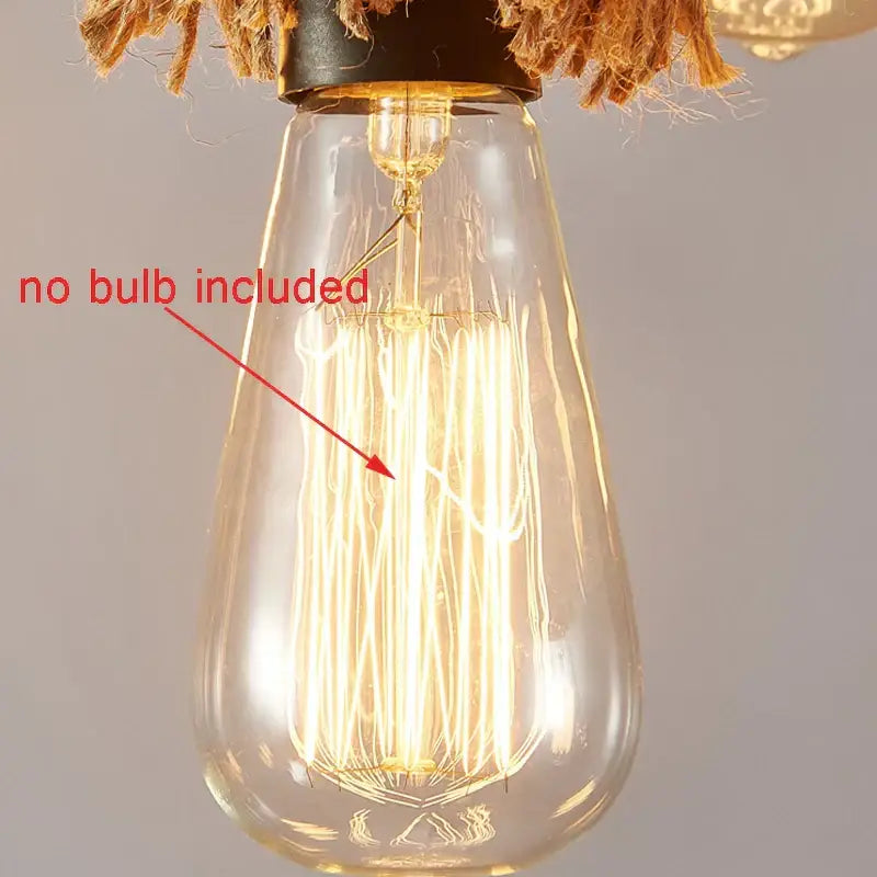 Clear glass Edison bulb with visible filament and black metal base hanging by natural rope in decorbites industrial loft chandelier
