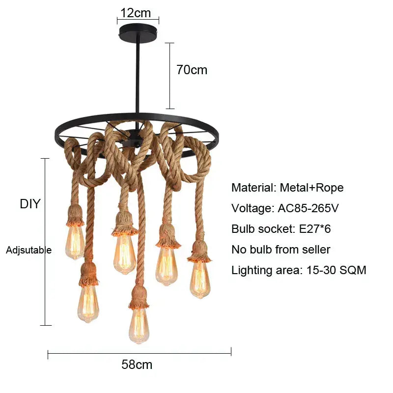 Industrial loft chandelier by decorbites with black metal frame natural rope and six exposed edison bulbs for dining room