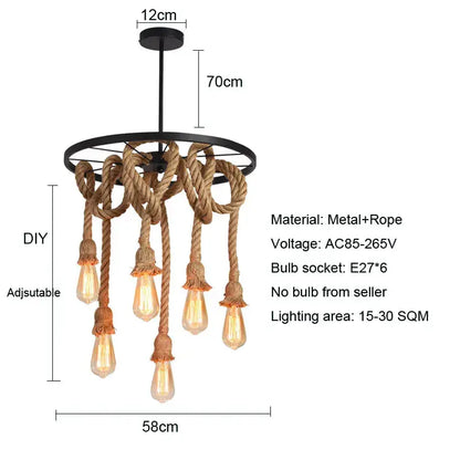 Industrial loft chandelier by decorbites with black metal frame natural rope and six exposed edison bulbs for dining room