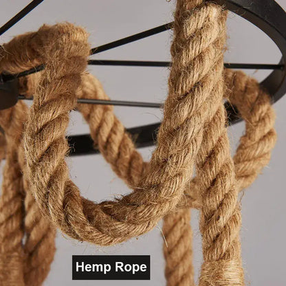 Decorbites industrial loft chandelier featuring black metal and thick natural beige hemp rope for dining room decor