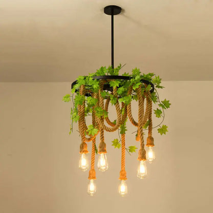 A decorbites industrial loft chandelier with black metal frame green ivy and beige rope pendant light for dining room
