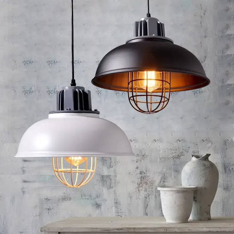 Industrial loft chandelier pendant light with matte black and white domed shades and brass ornate cage bulbs for dining room decorbites industrial loft