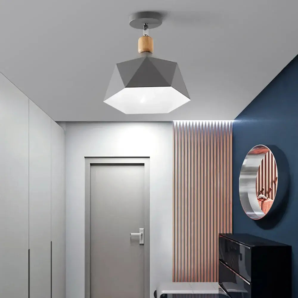 Geometric gray pendant light with wooden accent top for industrial loft ceiling decorbites industrial loft kitchen lamp