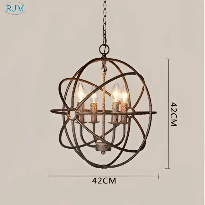 Antique bronze industrial loft iron pendant light with spherical wireframe design and five candle-style bulbs for dining room decorbites industrial loft