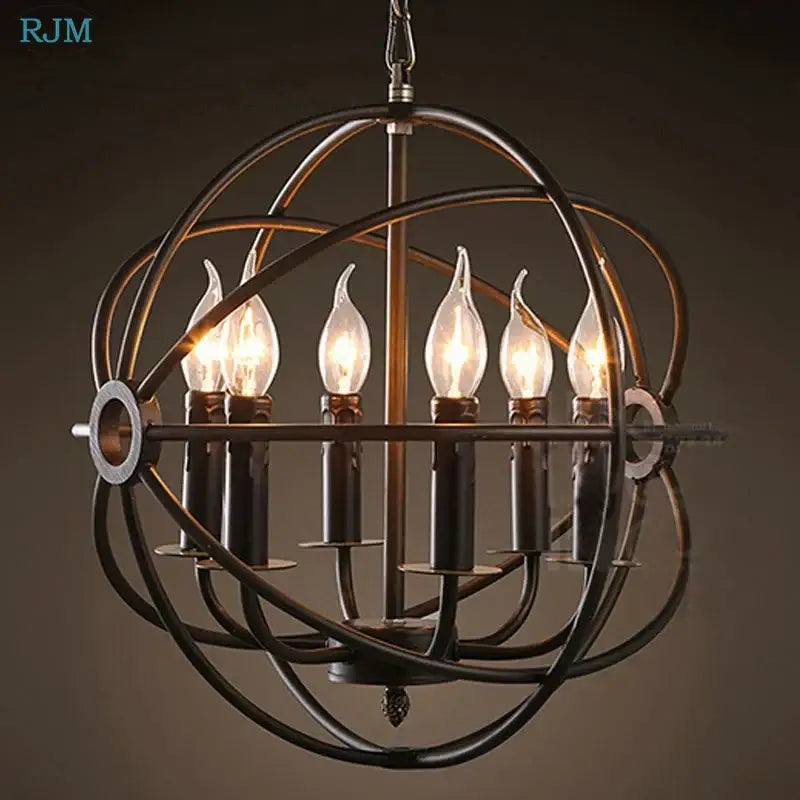 Bronze-finished spherical pendant light with six candle-style bulbs in a decorbites industrial loft iron design