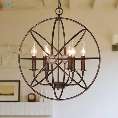 Bronze-finished industrial loft iron pendant light with five candle-style bulbs in a geometric spherical frame decorbites industrial loft decor