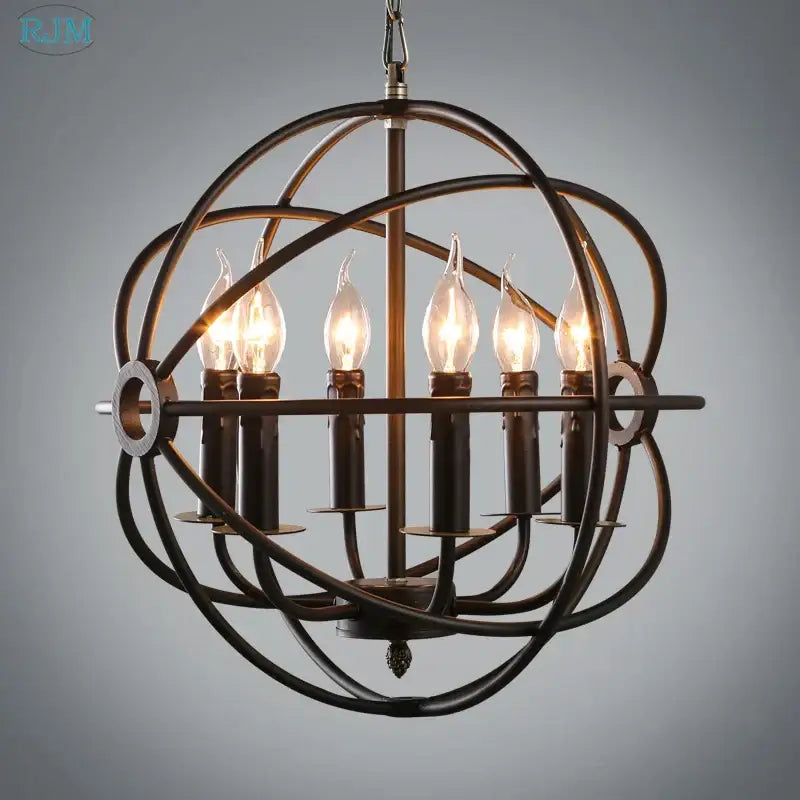 Bronze-finished spherical industrial loft iron pendant light with six lit candle bulbs in geometric orb design for dining room