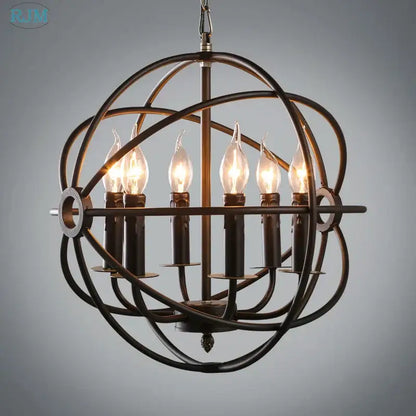 Bronze-finished spherical industrial loft iron pendant light with six lit candle bulbs in geometric orb design for dining room
