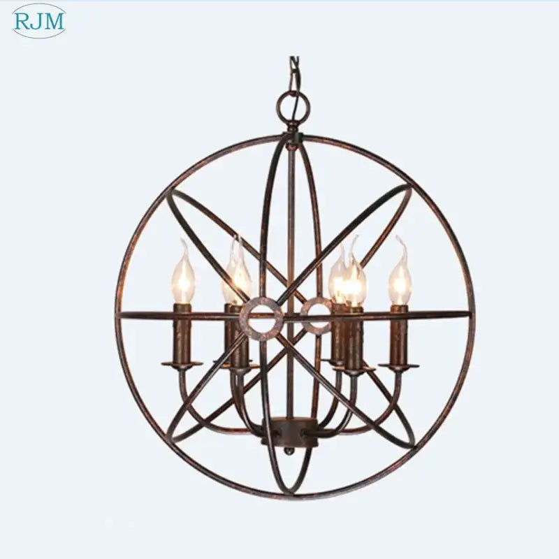 Rjm brand industrial loft iron bronze pendant light with spherical atomic design and five lit candle-style bulbs