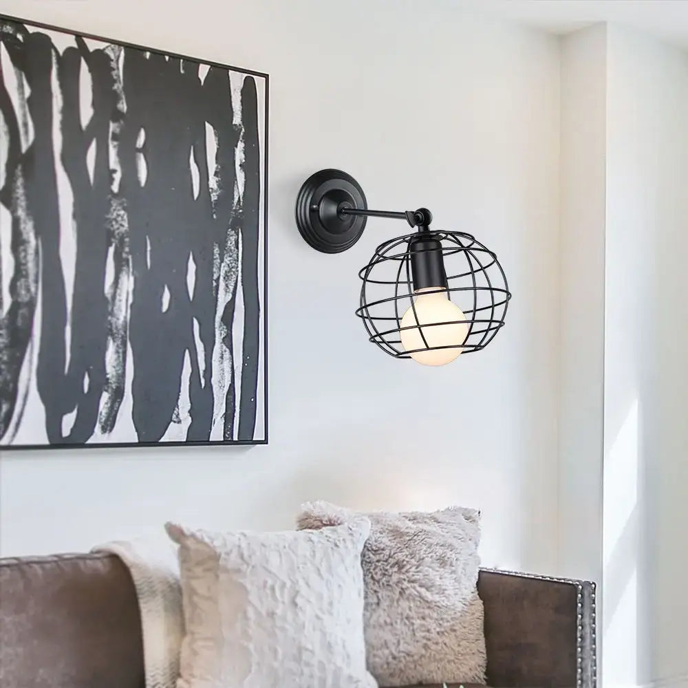 Black wrought iron decorbites industrial loft led cage wall sconce with glowing bulb for bedroom brass glass lamp decor