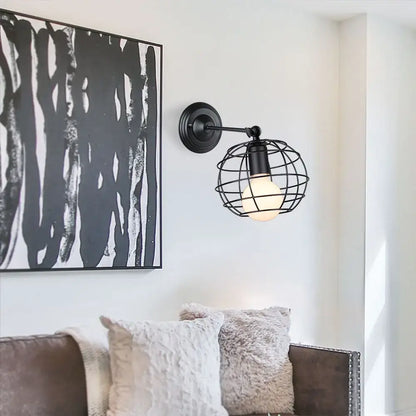 Black wrought iron decorbites industrial loft led cage wall sconce with glowing bulb for bedroom brass glass lamp decor