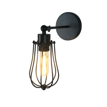 Black wrought iron industrial loft led cage wall sconce with glowing filament bulb for bedroom decorbites industrial loft