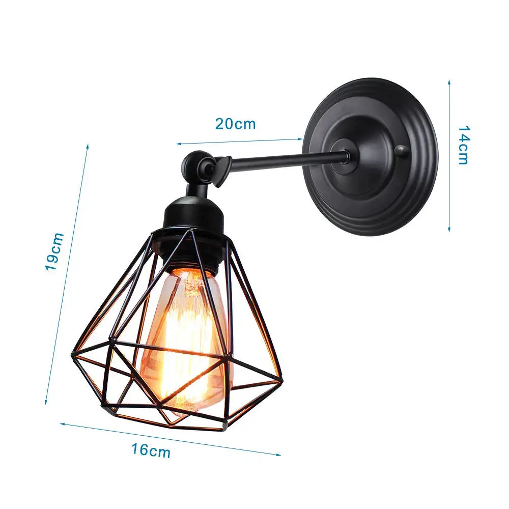 Black wrought iron industrial loft led cage wall sconce with geometric design and exposed filament bulb for bedroom decorbites