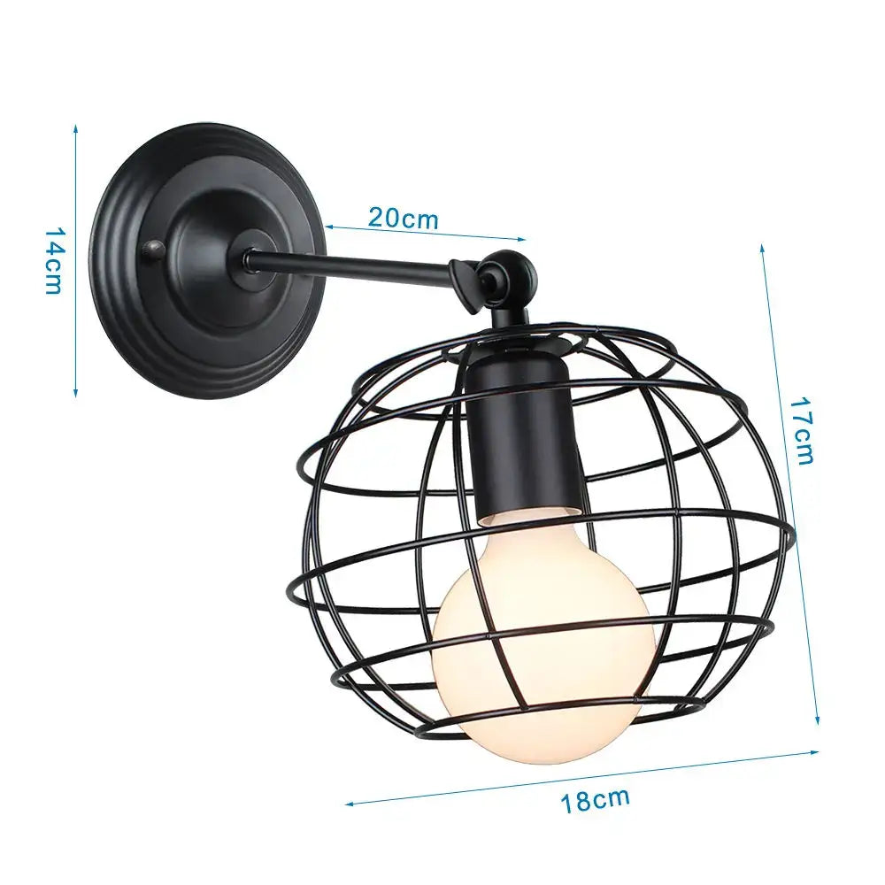 Black wrought iron industrial loft led wall sconce with spherical cage and exposed bulb for bedroom decorbites loft led cage