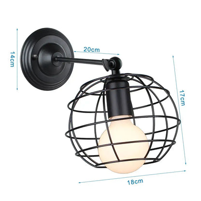 Black wrought iron industrial loft led wall sconce with spherical cage and exposed bulb for bedroom decorbites loft led cage