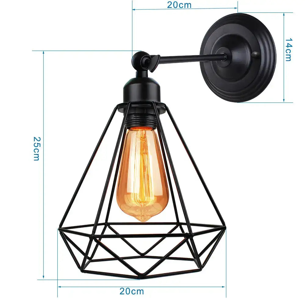 Black metal geometric cage wall sconce with amber filament bulb industrial loft led decorbites bedroom lamp