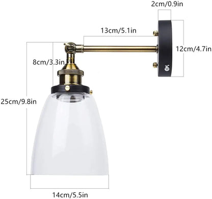 Clear glass bell-shaped lampshade mounted on brass arm with black wall plate industrial loft led cage wall light decorbites industrial loft