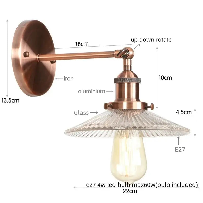 Antique brass-finished industrial loft led wall light with ribbed glass shade and e27 led bulb for bedroom decorbites industrial loft