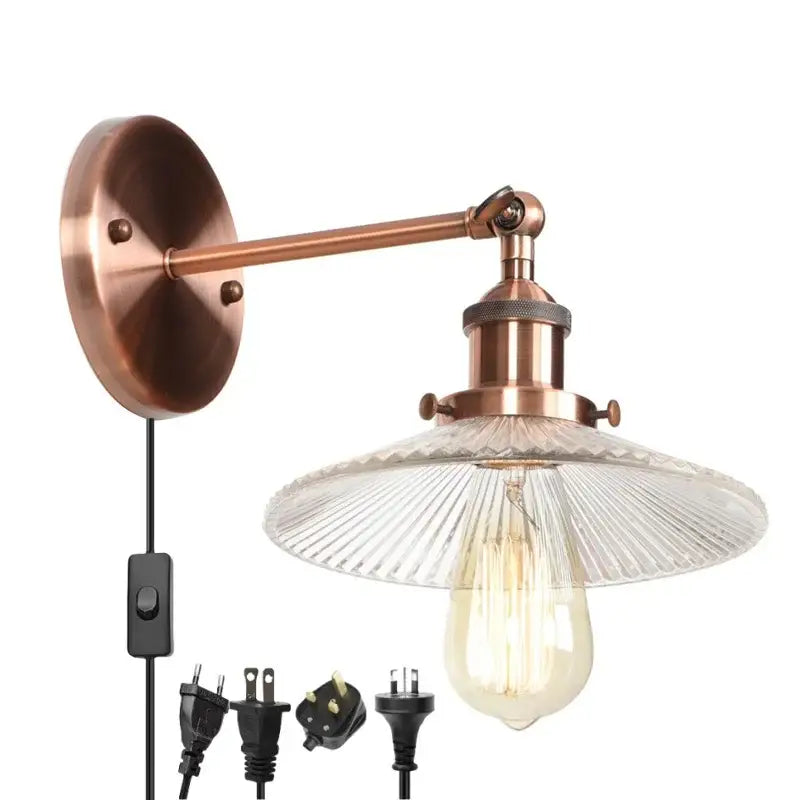 Copper-finished industrial loft led wall light with clear ribbed glass shade and exposed edison bulb for bedroom decorbites decor