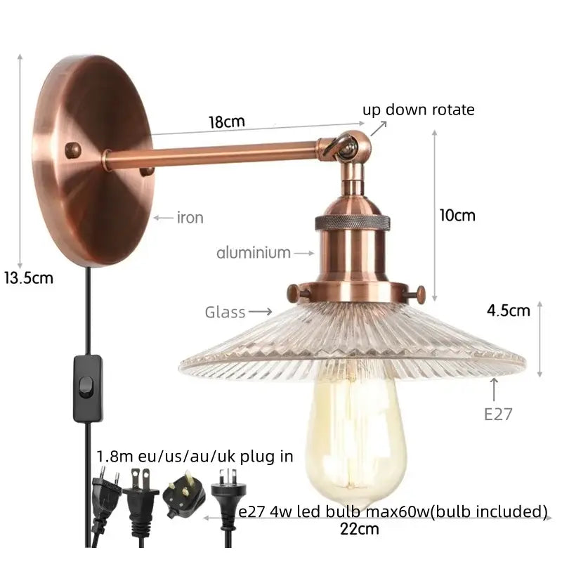 Copper-finished industrial loft led wall light with textured glass shade and exposed edison bulb for bedroom decorbites industrial loft