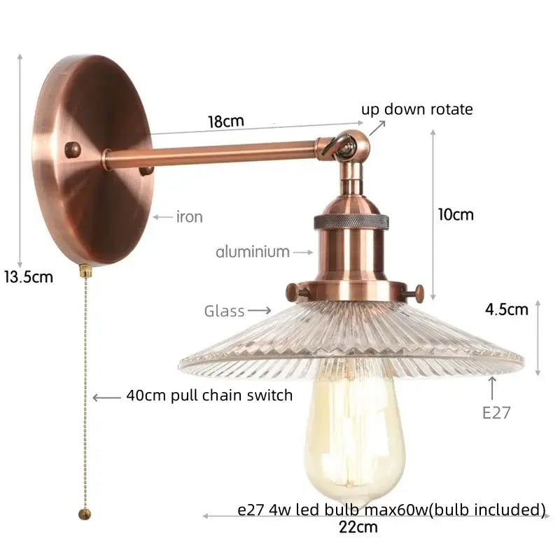 Antique brass-finished industrial loft led wall light with ribbed glass shade and e27 led bulb for bedroom decorbites