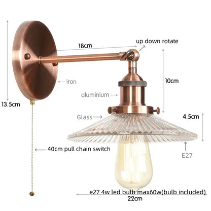 Antique brass-finished industrial loft led wall light with ribbed glass shade and e27 led bulb for bedroom decorbites